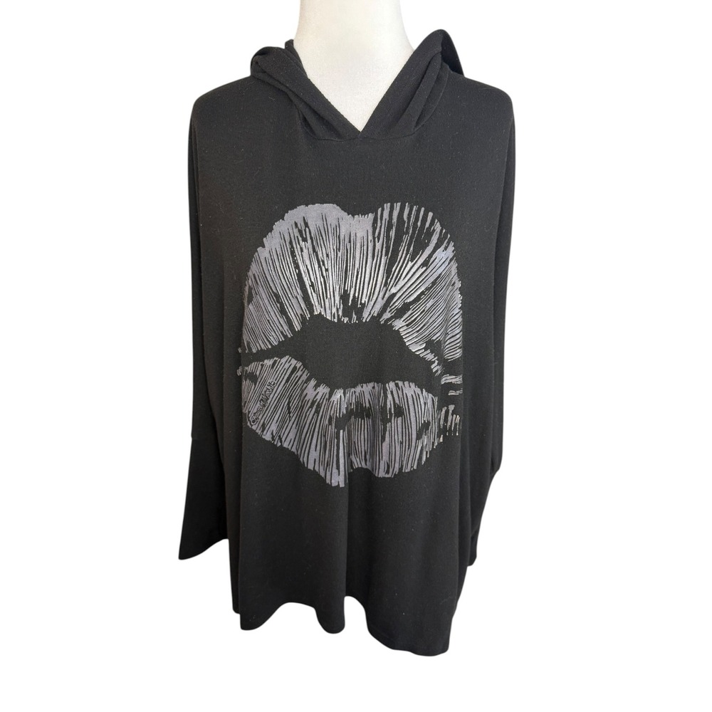 Lauren Moshi Beverly Hills Black Silver Foil Lip Graphic Oversized Hoodie M/L